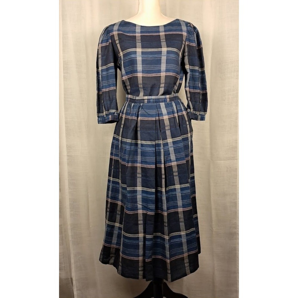Vintage 80s Ruth Hodges Boston Linen Cotton Plaid Blouse & Midi Skirt Set Navy 8